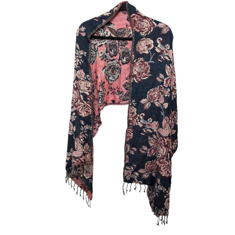 Reversible Floral Bohemian Woven Scarf/Shawl Tassels Black& Pink Lightweight & S